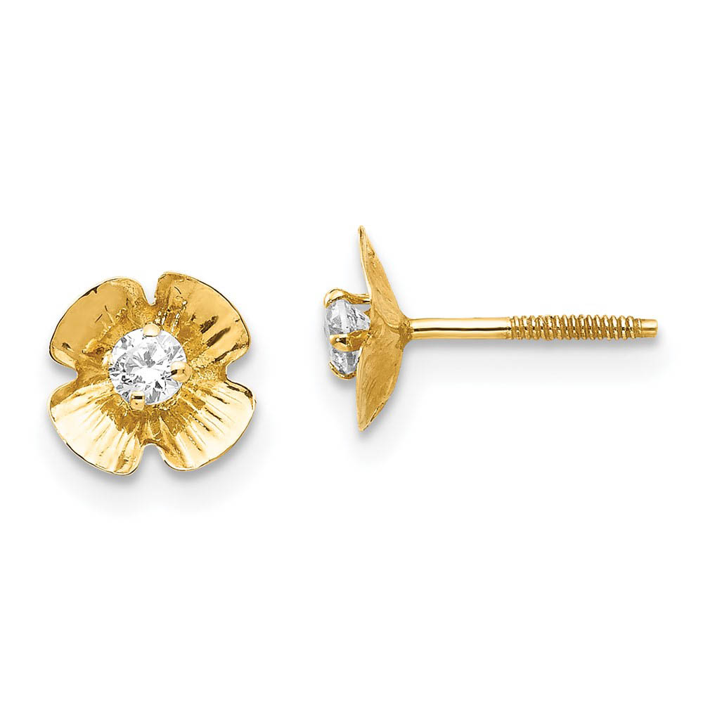 Kids 7mm Flower and Cubic Zirconia Post Earrings in 14k Yellow Gold