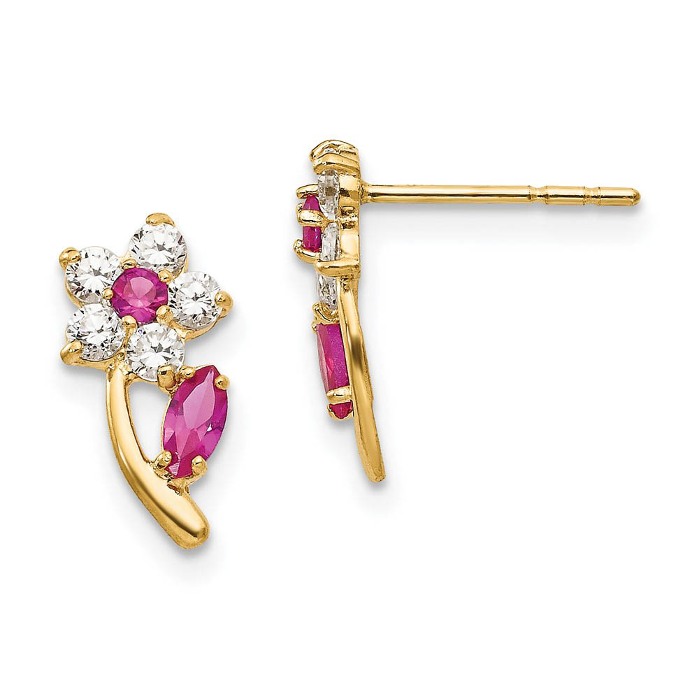 Kids 14k Yellow Gold with Clear & Red CZ Flower and Stem Post Earrings