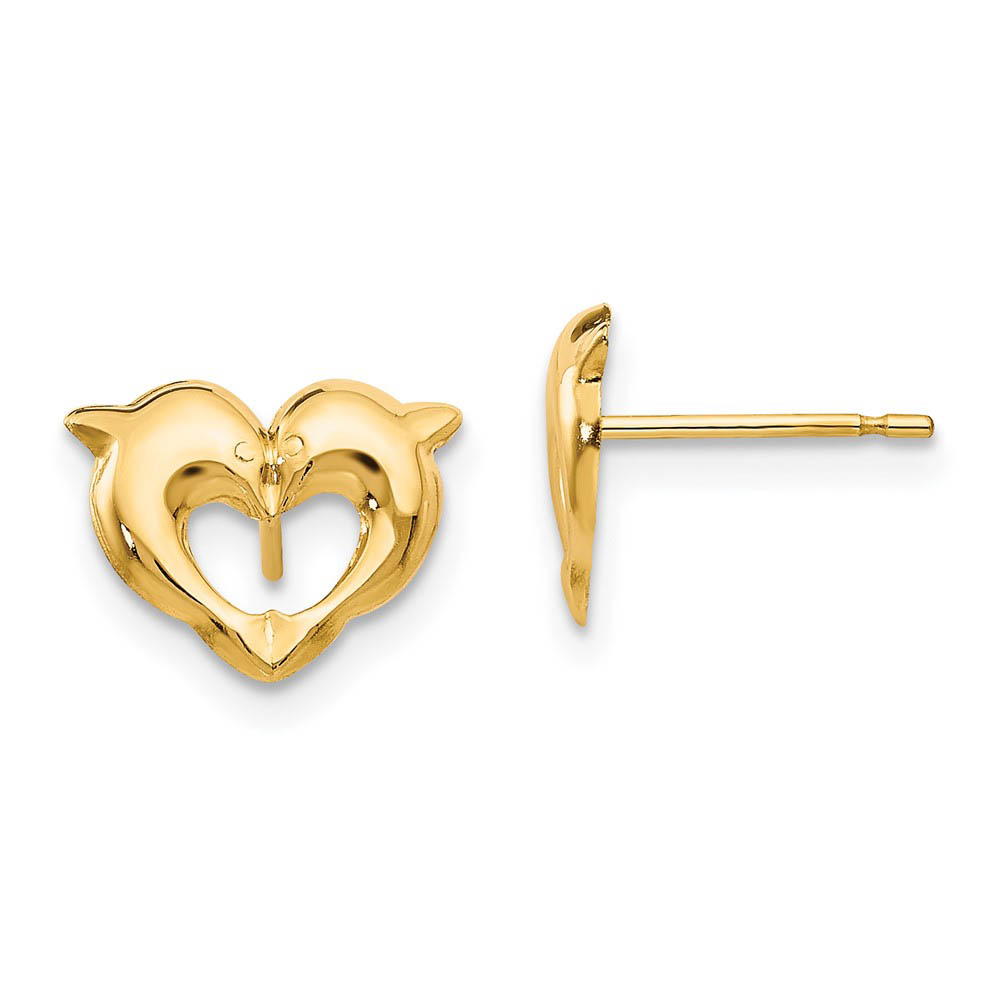 Kids 10mm Heart Shaped Dolphins Post Earrings in 14k Yellow Gold