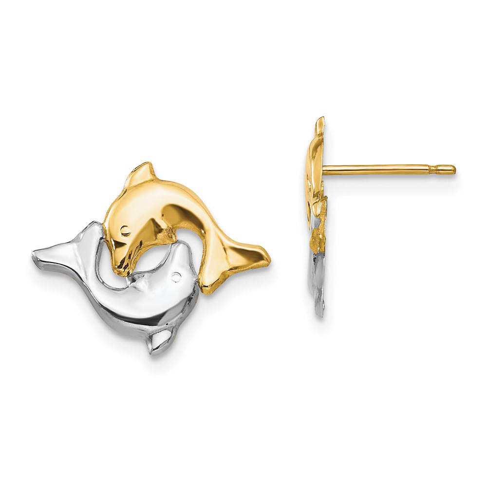 Two-Tone Frolicking Dolphins Post Earrings in 14k Gold and Rhodium