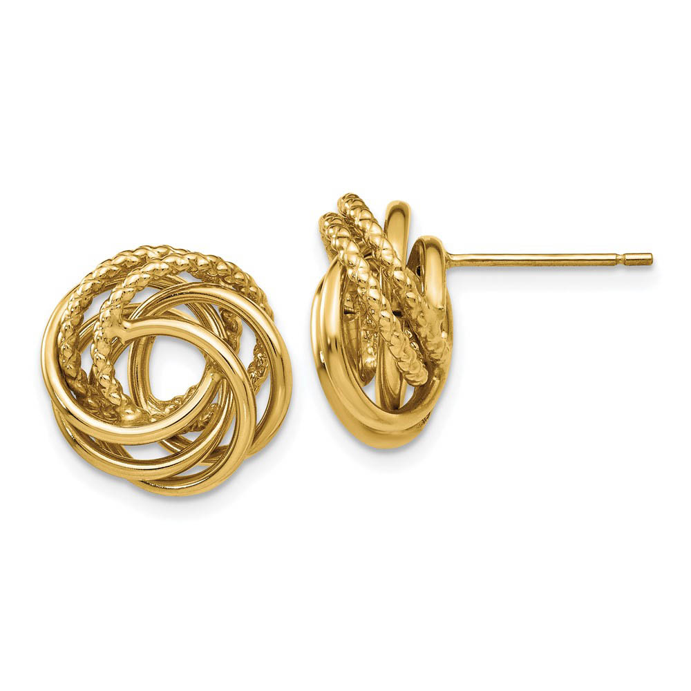 13mm Polished and Textured Love Knot Earrings in 14k Yellow Gold