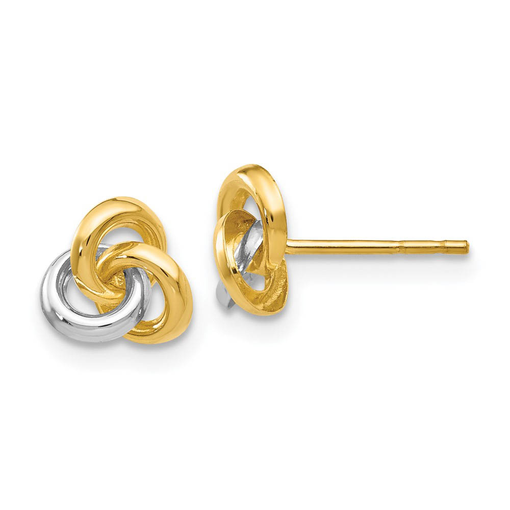 7mm Two Tone Love Knot Post Earrings in 14k Gold and Rhodium
