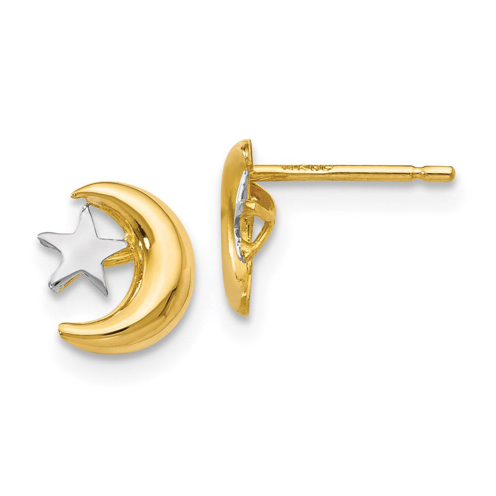 8mm Two Tone Moon and Star Post Earrings in 14k Gold and Rhodium
