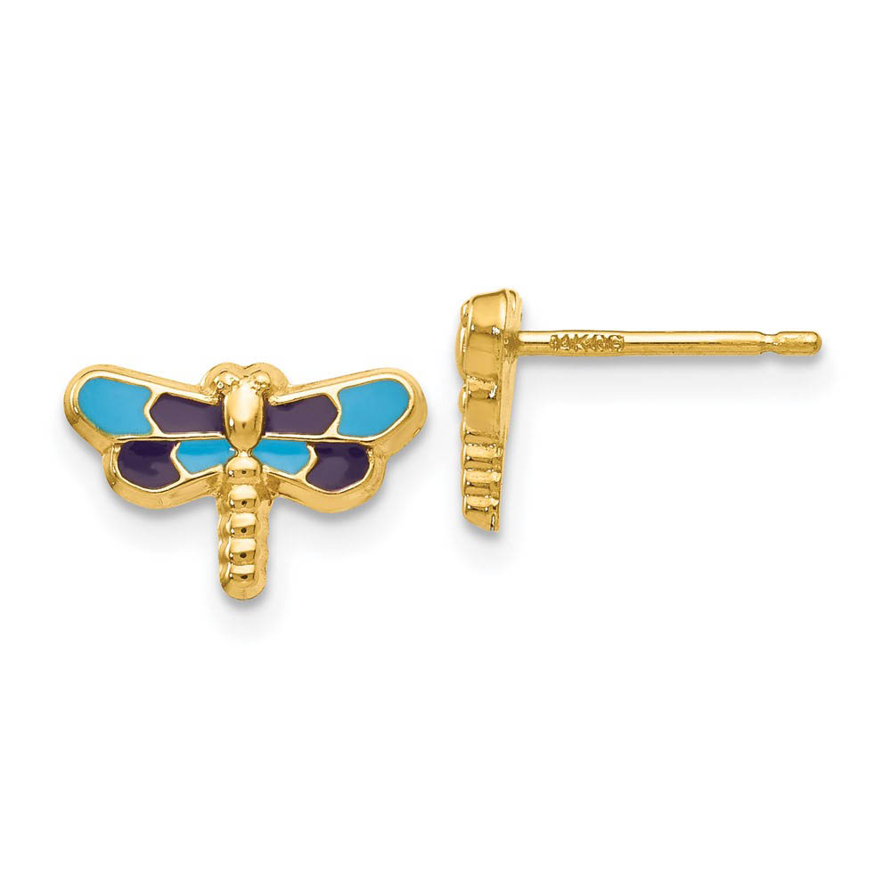 Kids 10mm Blue Dragonfly Post Earrings in 14k Yellow Gold and Enamel