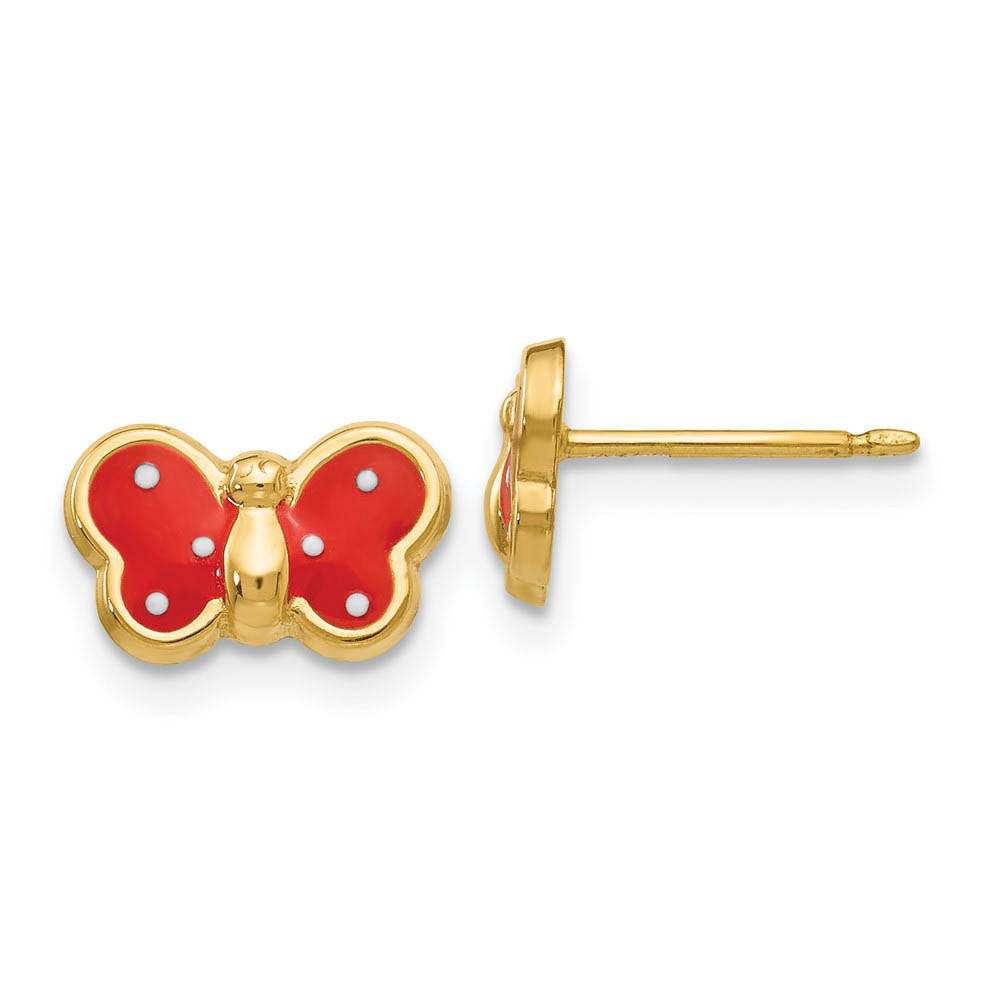 Kids 10mm Red Butterfly Post Earrings in 14k Yellow Gold and Enamel