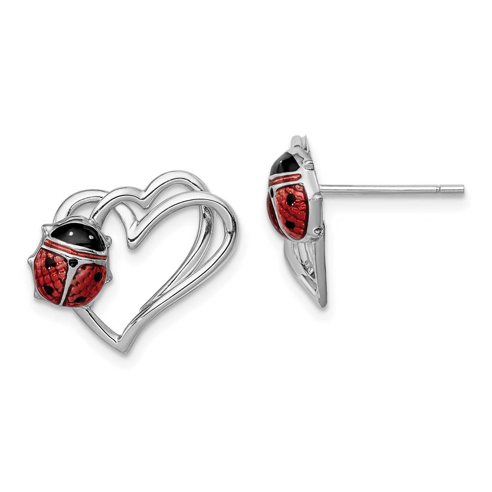 15mm Heart and Enameled Ladybug Post Earrings in Sterling Silver