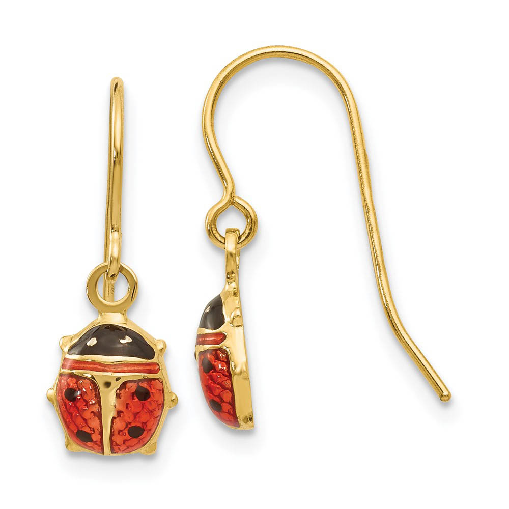 7mm Enameled Ladybug Dangle Earrings in 14k Yellow Gold