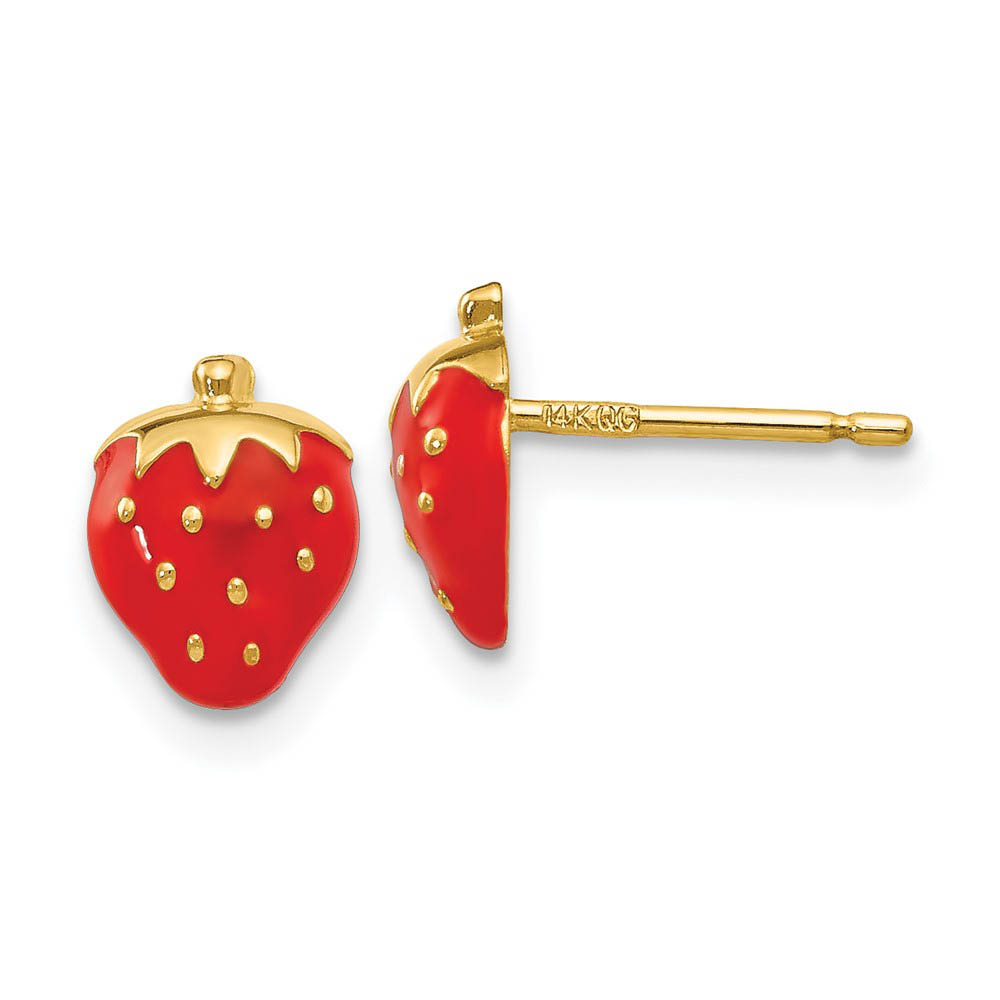 8mm Red Strawberry Post Earrings in 14k Yellow Gold and Enamel