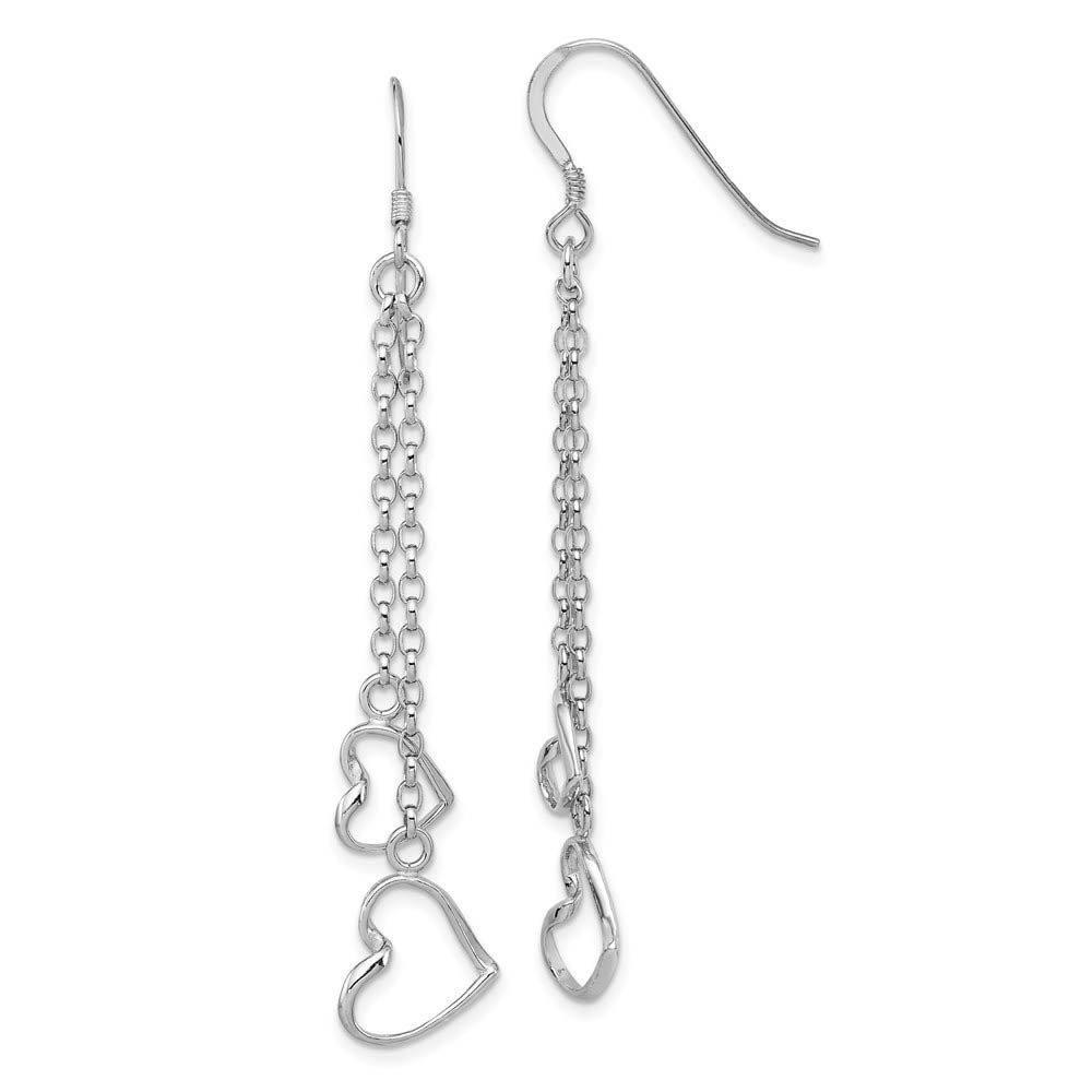 Double Open Heart Chain Dangle Earrings in Sterling Silver