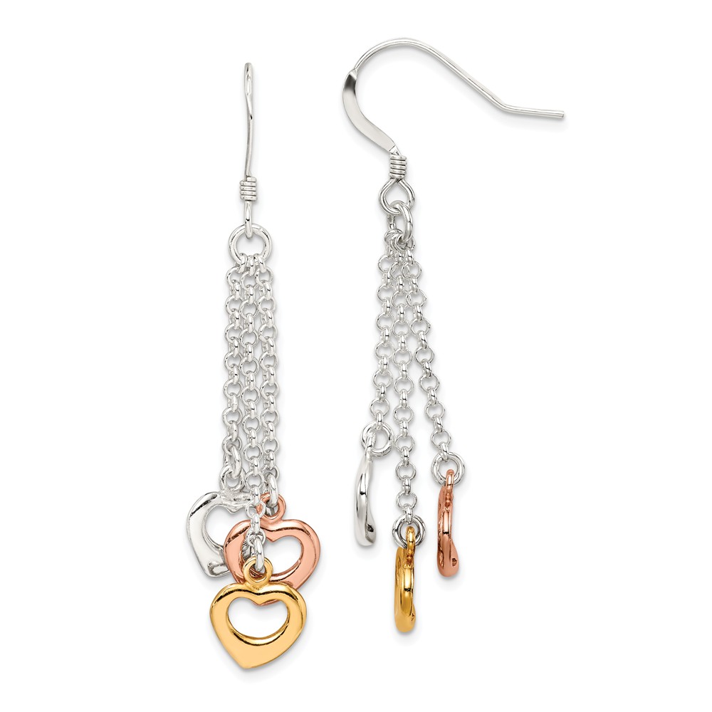 Tri-Color Heart Chain Dangle Earrings in Sterling Silver & Gold Tone