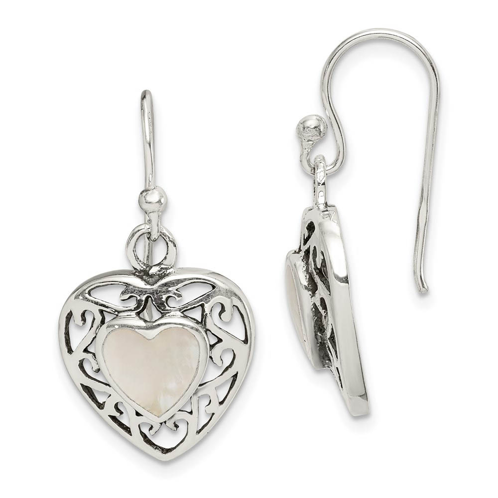 14mm Mother of Pearl Heart Dangle Earrings in Antiqued Sterling Silver