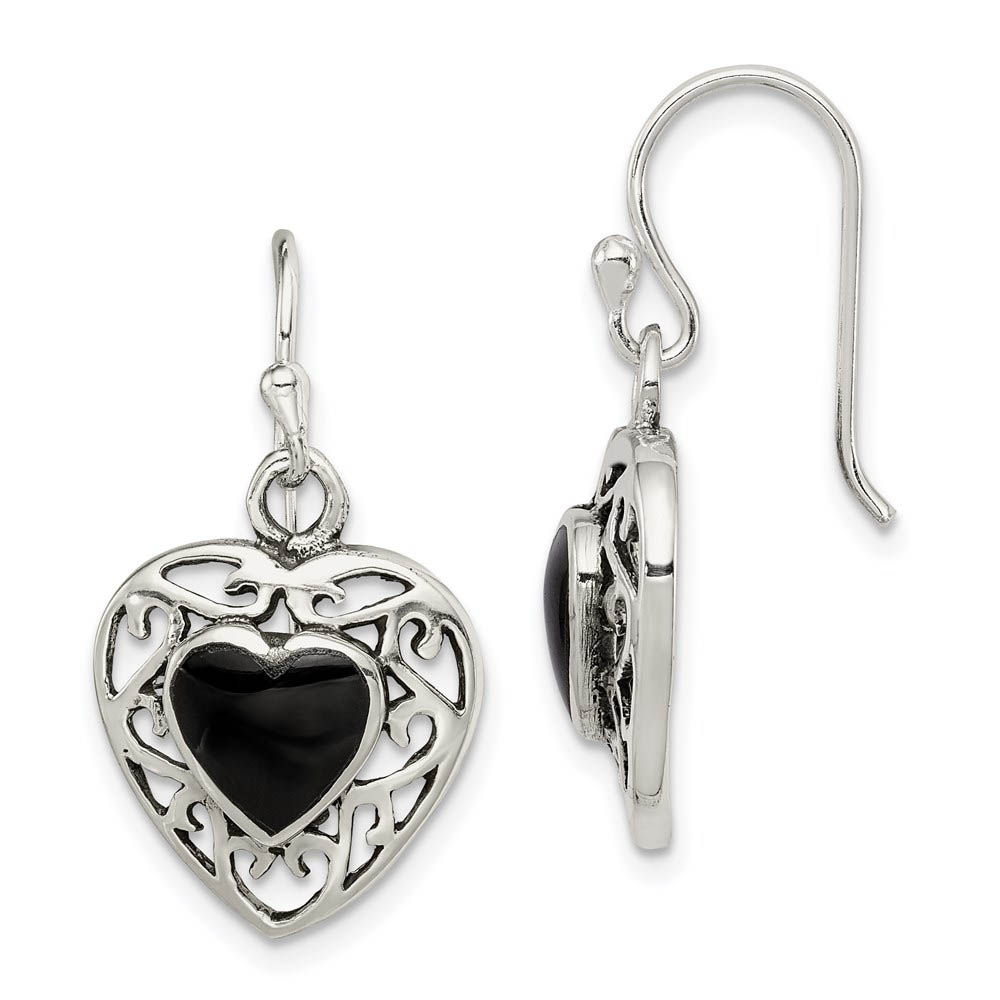 14mm Black Onyx Heart Dangle Earrings in Antiqued Sterling Silver