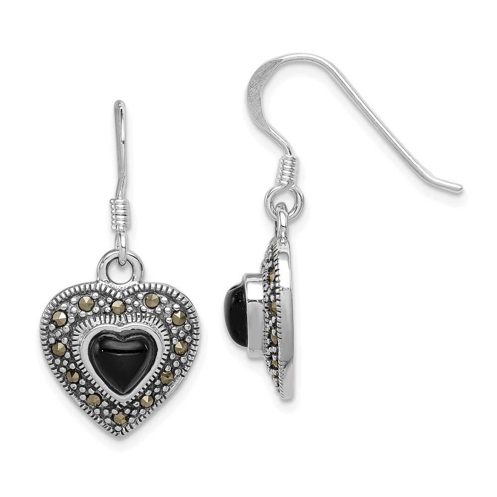 13mm Onyx and Marcasite Heart Dangle Earrings in Sterling Silver