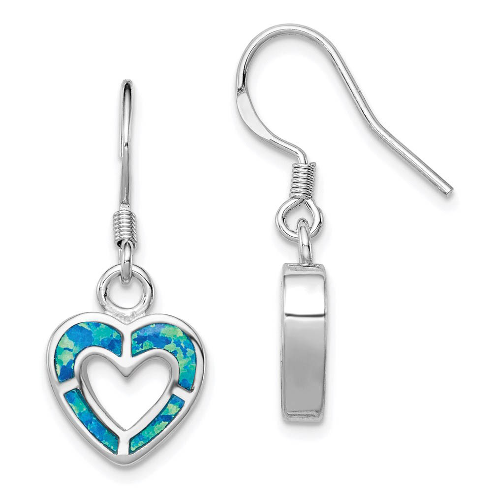 10mm Blue Inlay Created Opal Heart Dangle Earrings in Sterling Silver