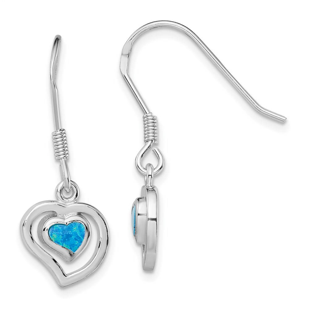 10mm Created Blue Opal Double Heart Dangle Earrings in Sterling Silver