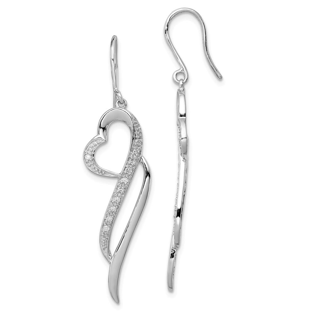 Long Ribbon Heart Diamond Dangle Earrings in Sterling Silver