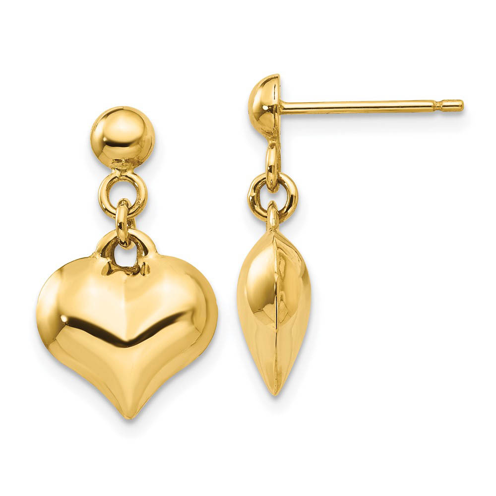 11mm Puffed Heart Dangle Post Earrings in 14k Yellow Gold