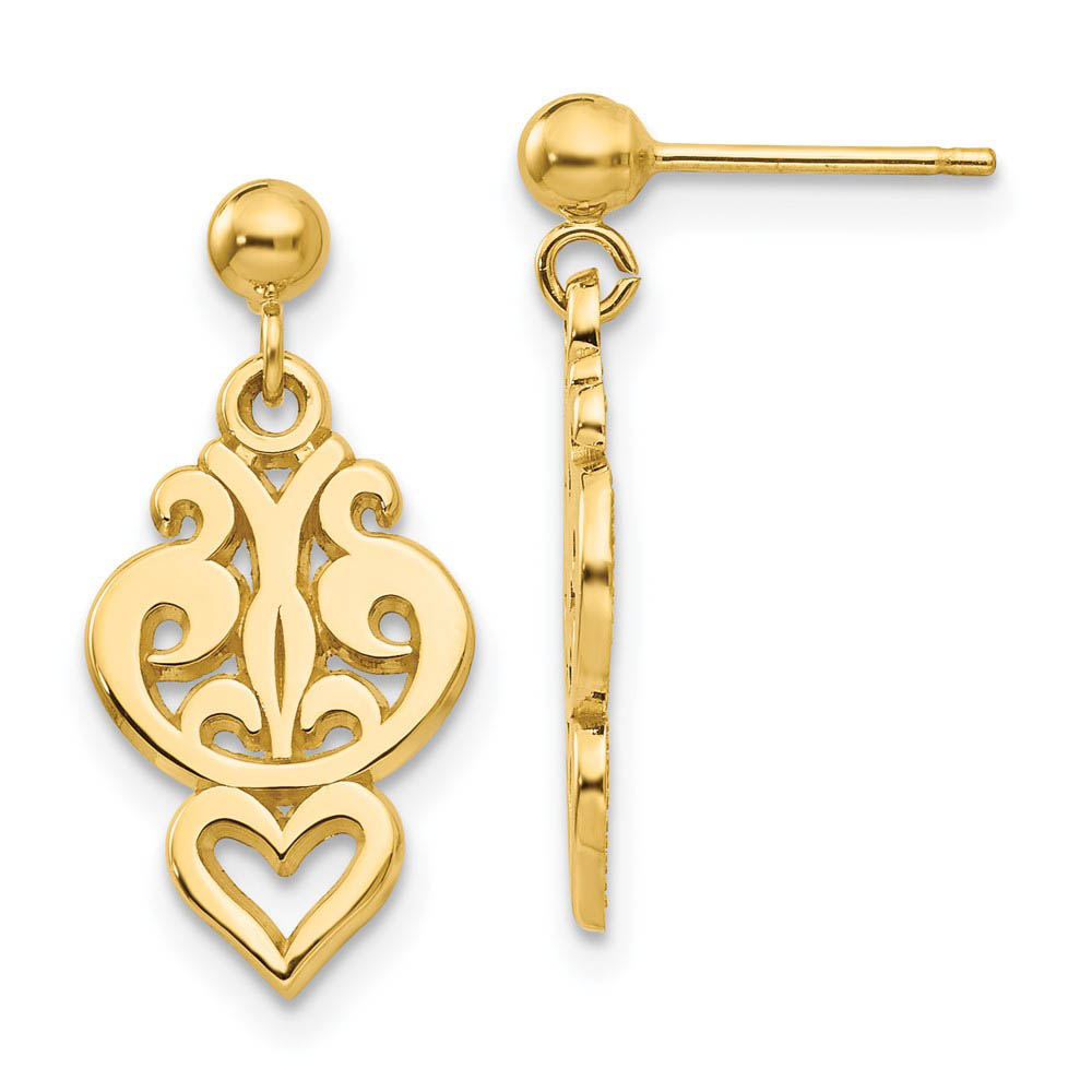 Filigree Heart Dangle Post Earrings in 14k Yellow Gold
