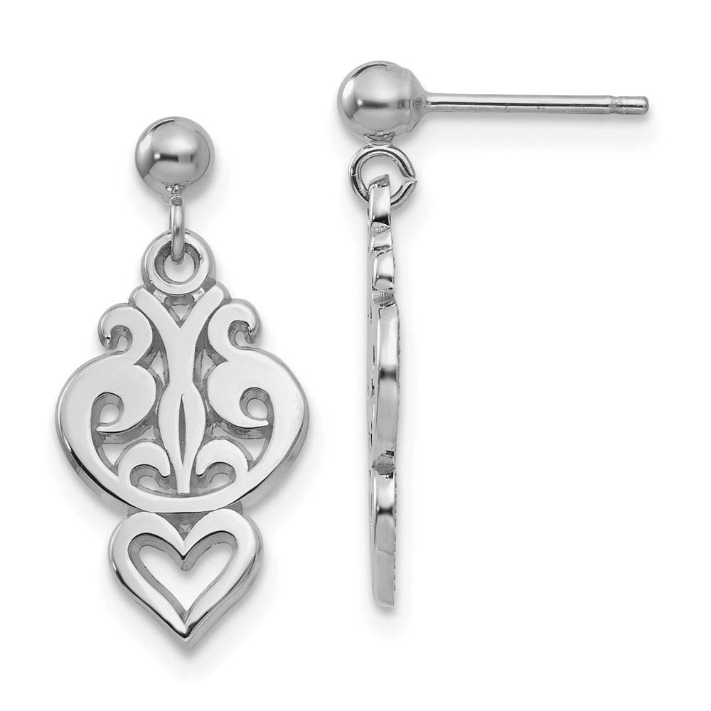 Filigree Heart Dangle Post Earrings in 14k White Gold