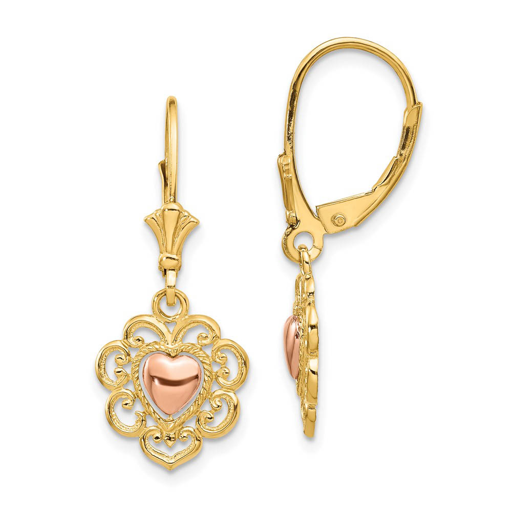 Lace Fringe Heart Lever Back Earrings in 14k Two Tone Gold