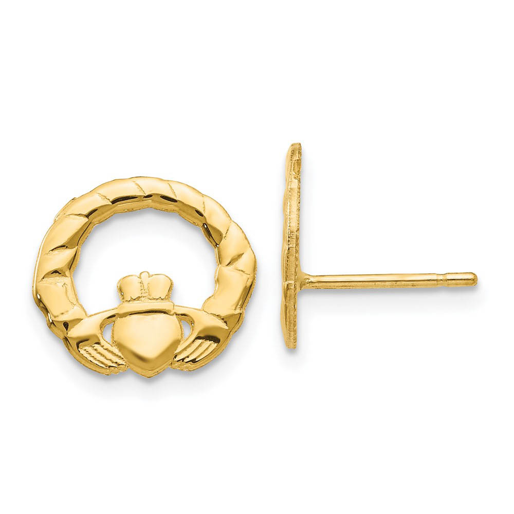 12mm Textured Claddagh Post Earrings in 14k Yellow Gold
