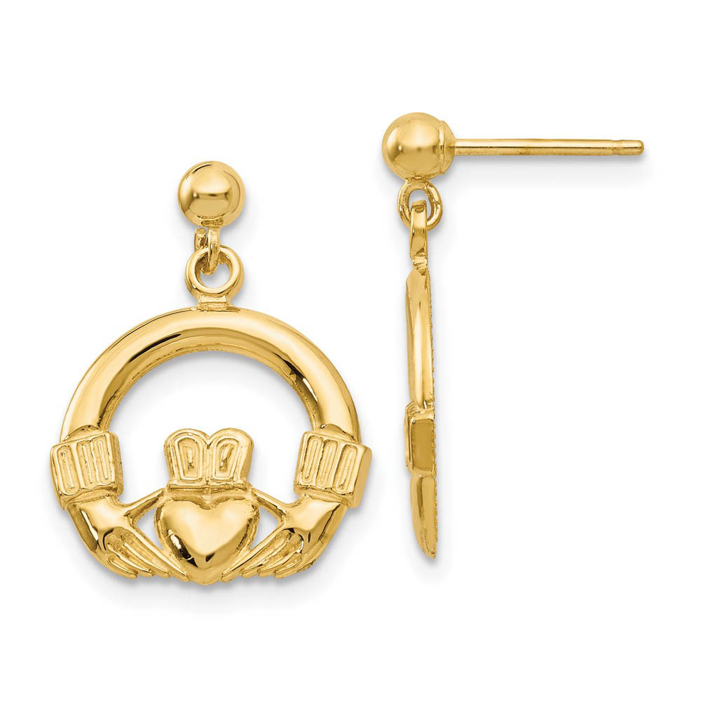 13mm Dangling Claddagh Post Earrings in 14k Yellow Gold