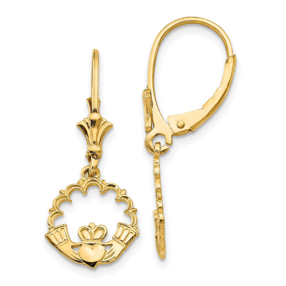 10mm Scalloped Claddagh Lever Back Earrings in 14k Yellow Gold