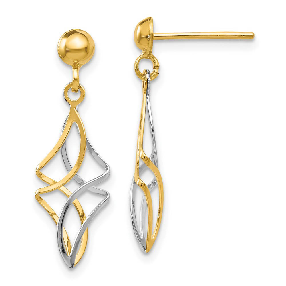 Two Tone Twisted Dangle Post Earrings in 14k Yellow and White Gold