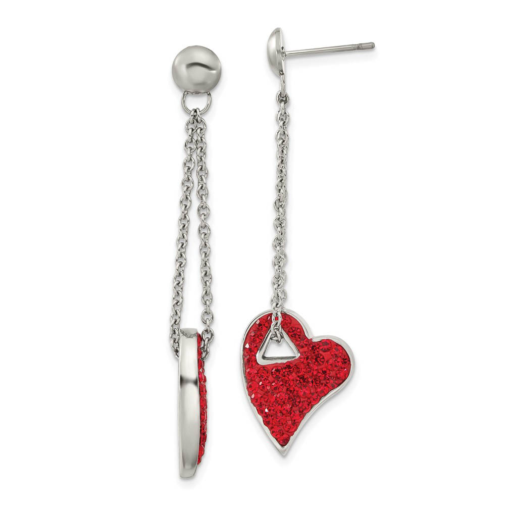 Red Crystal Heart Post Dangle Earrings in Stainless Steel