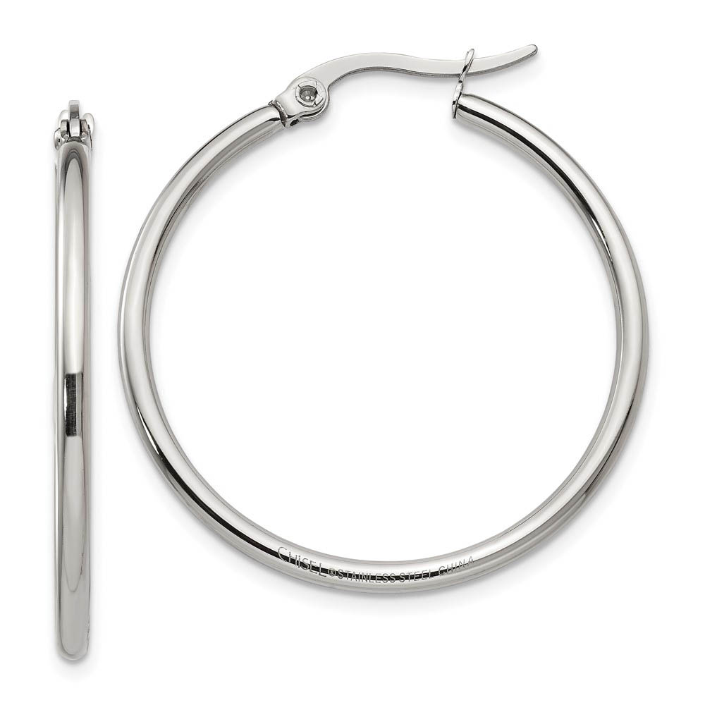 2mm Stainless Steel Classic Round Hoop Earrings - 32.5mm (1 1/4 Inch)