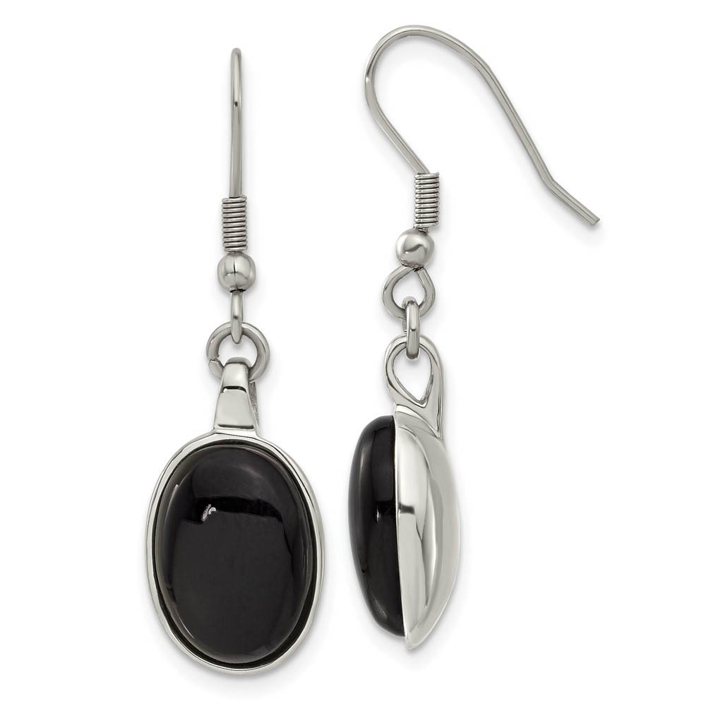 Black Agate Oval Cabochon Dangle Earrings in Stainless Steel