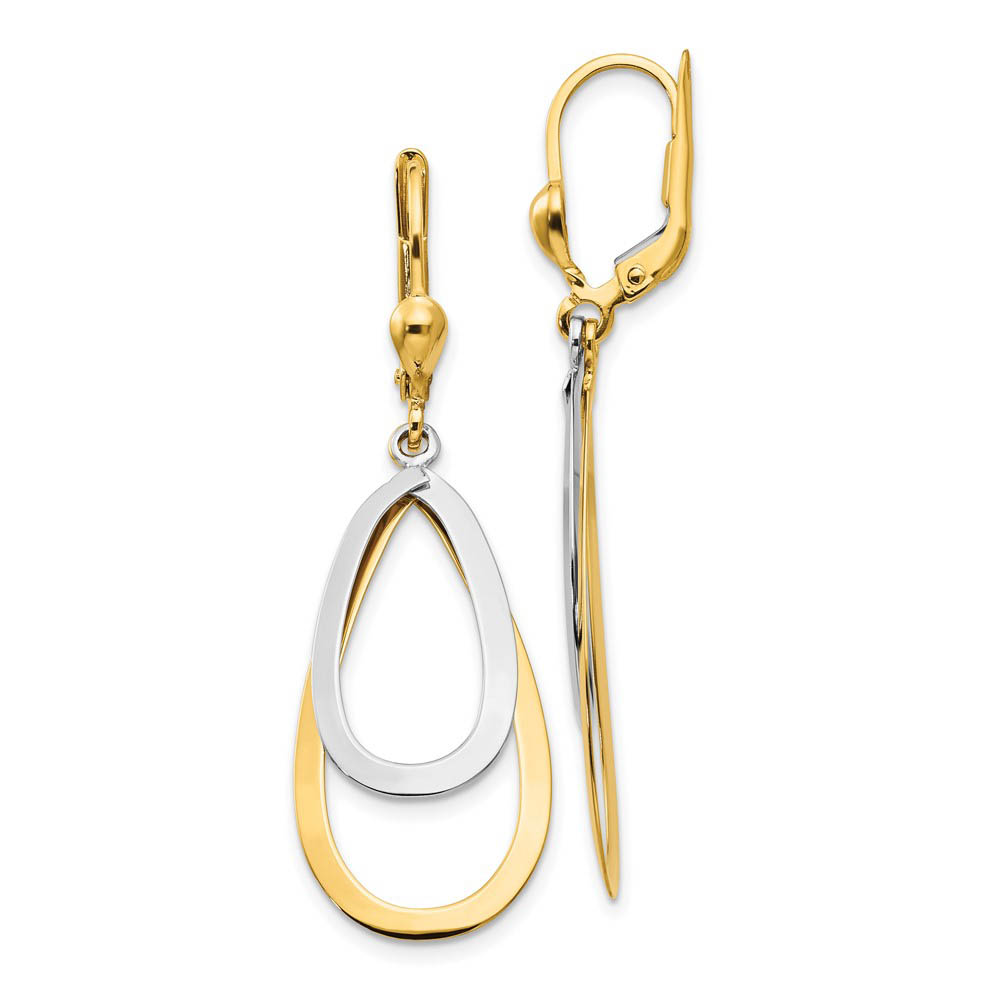 Double Teardrop Lever Back Earrings in 14k Yellow and White Gold