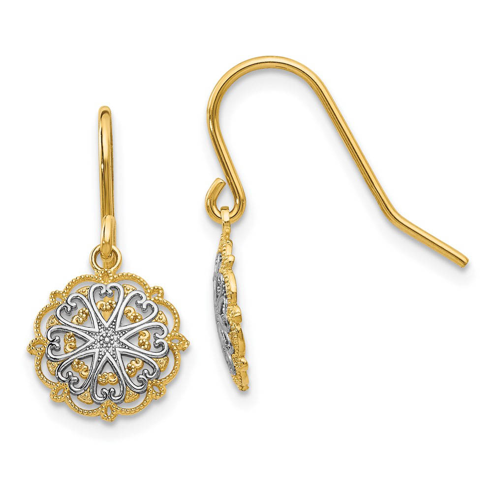9mm Textured Dangle Earrings in 14k Yellow Gold and White Rhodium
