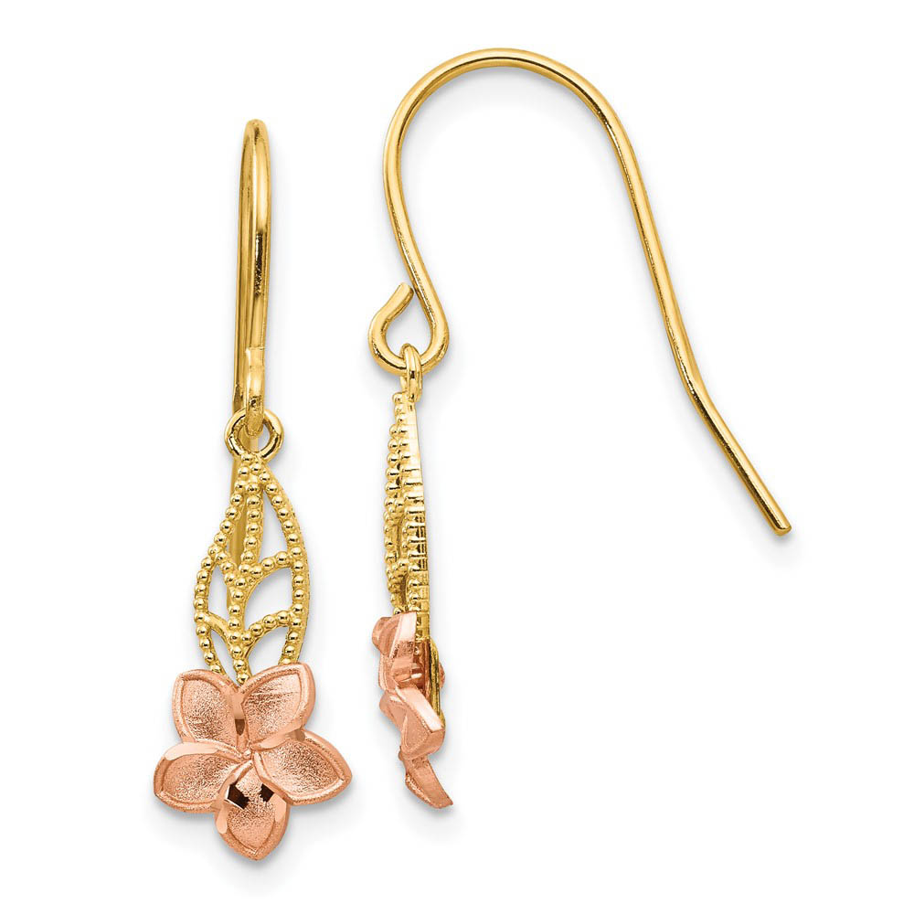 Two Tone Plumeria Dangle Earrings in 14k Yellow and Rose Gold