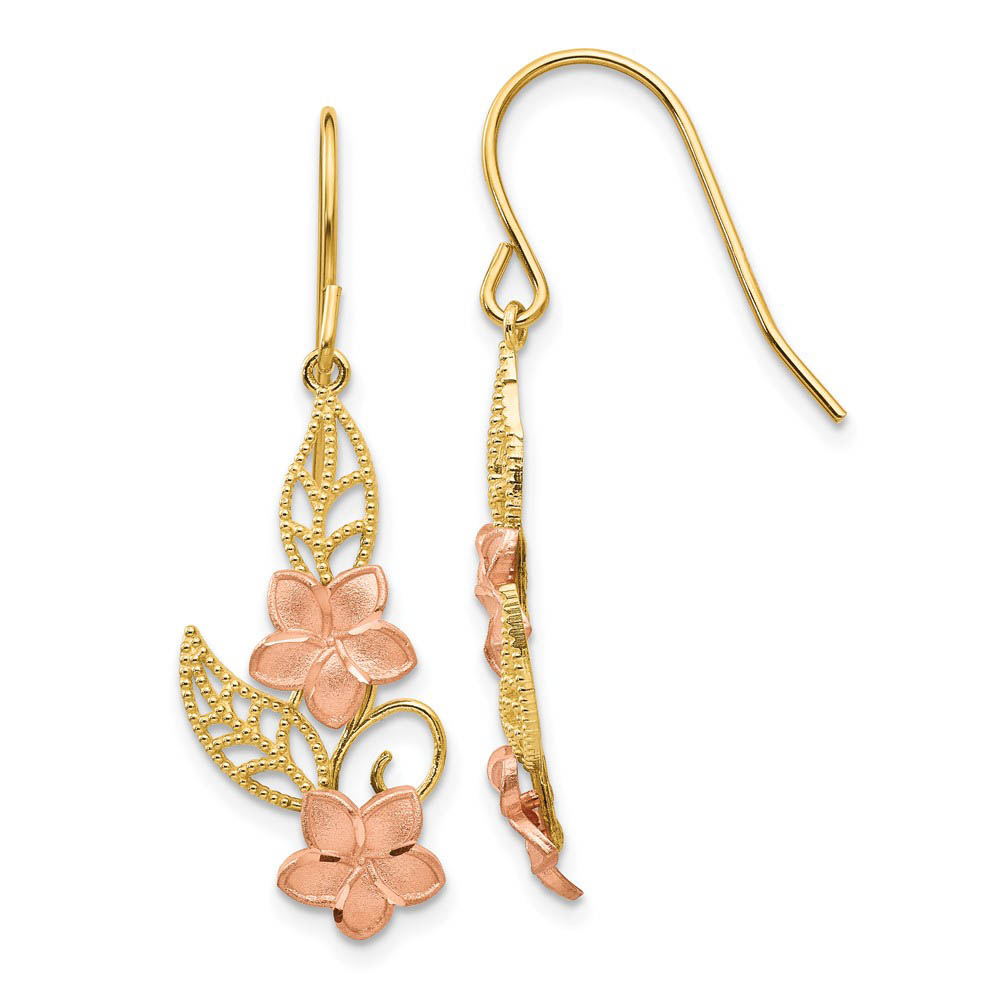 Two Tone Double Plumeria Dangle Earrings in 14k Yellow and Rose Gold