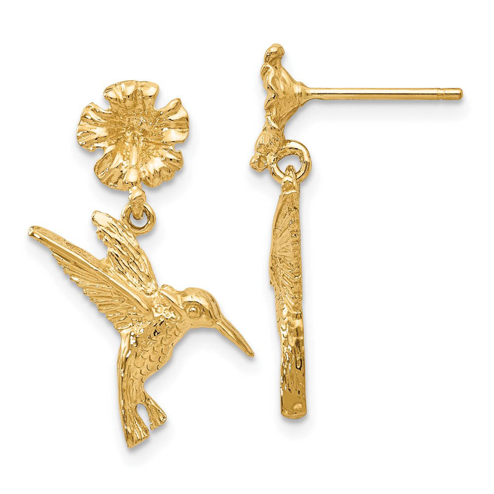 Hummingbird and Flower Dangle Post Earrings in 14k Yellow Gold
