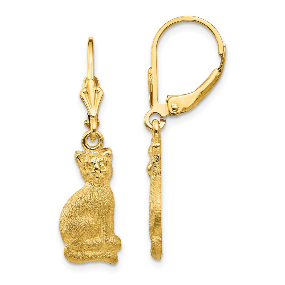 Polished and Satin Cat Lever Back Earrings in 14k Yellow Gold