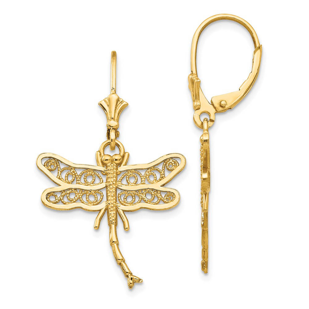 21mm Filigree Dragonfly Lever Back Earrings in 14k Yellow Gold