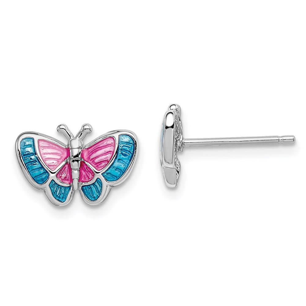 Pink and Blue Enameled Butterfly Post Earrings in Sterling Silver