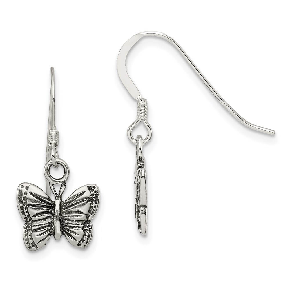 10mm Antiqued Butterfly Dangle Earrings in Sterling Silver