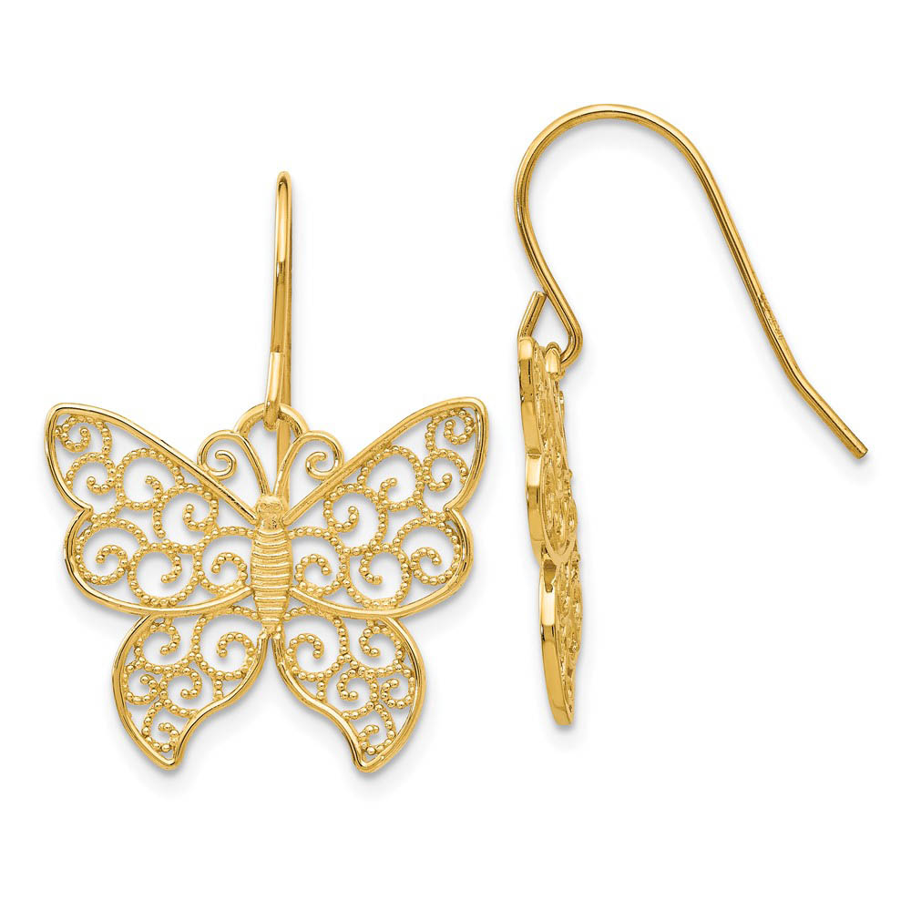 20mm Textured Filigree Butterfly Dangle Earrings in 14k Yellow Gold