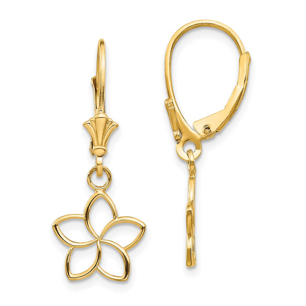 11mm Plumeria Silhouette Lever Back Earrings in 14k Yellow Gold