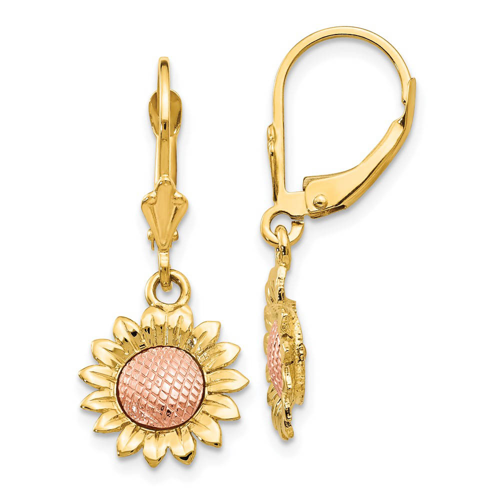 Two Tone Sunflower Lever Back Earrings in 14k Yellow and Rose Gold