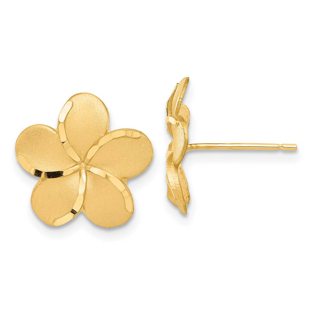 14mm Diamond Cut Plumeria French Wire Earrings in 14k Yellow Gold