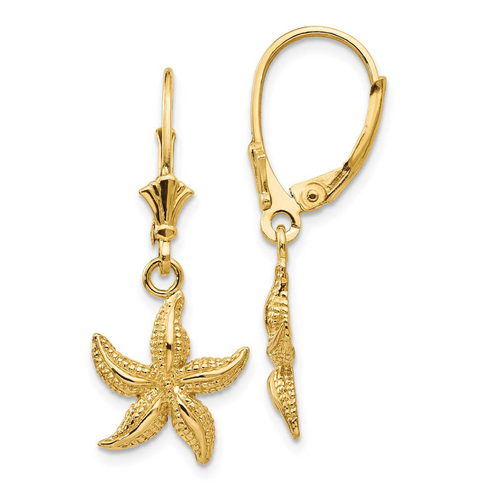 12mm Textured Starfish Lever Back Earrings in 14k Yellow Gold