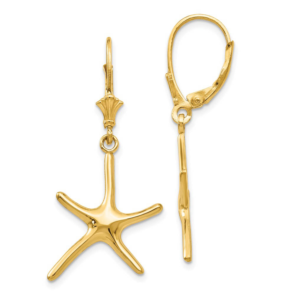 Polished Pencil Starfish Lever Back Earrings in 14k Yellow Gold