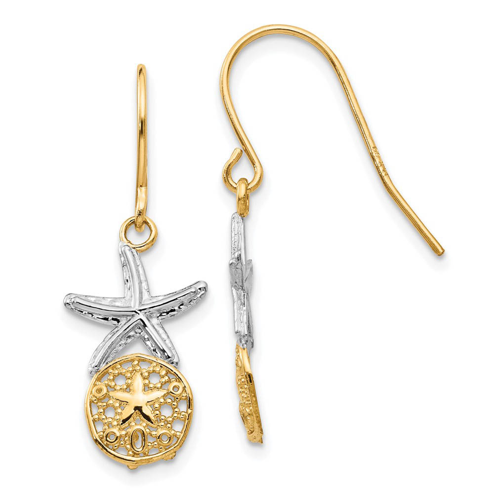 Two Tone Sand Dollar & Starfish Dangle Earrings in 14k Gold
