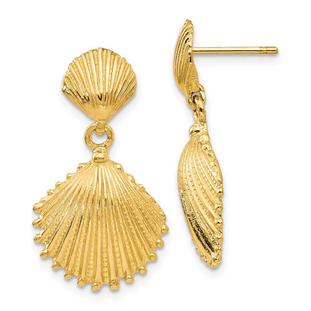 Double Scalloped Shell Dangle Post Earrings in 14k Yellow Gold