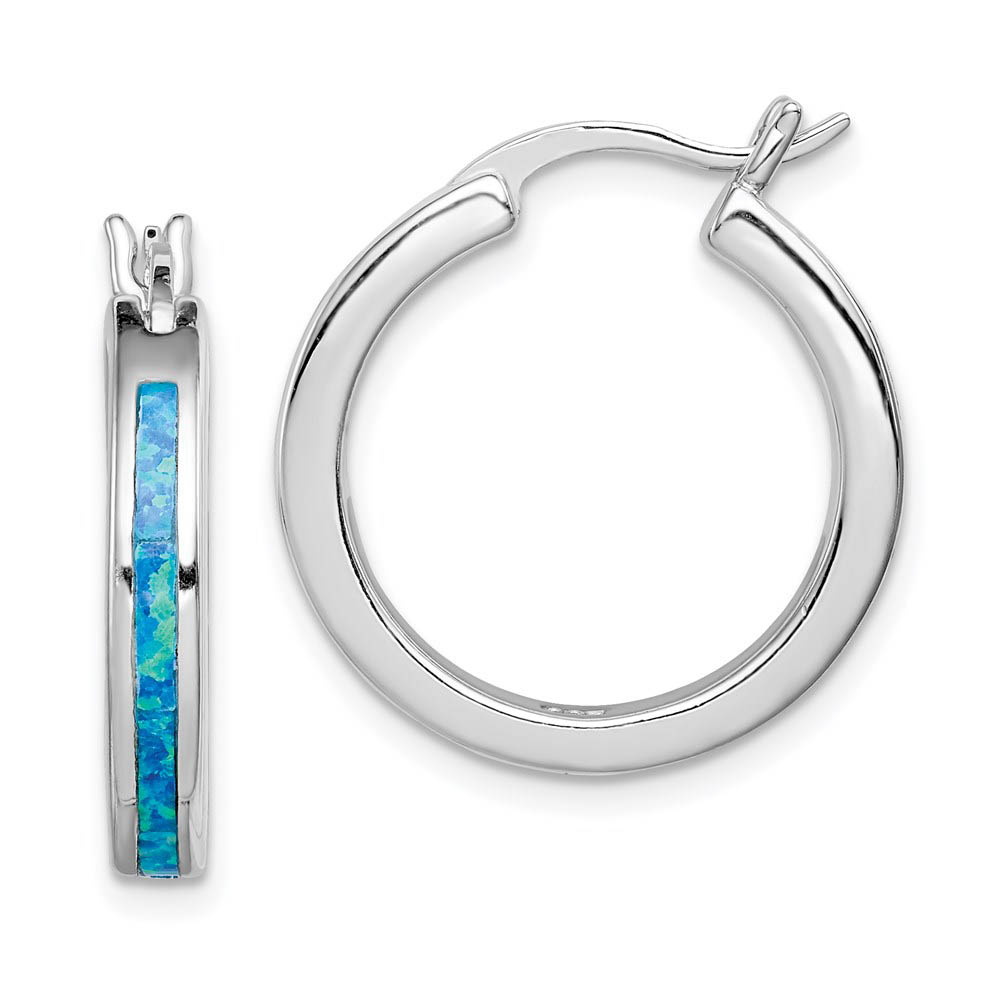 Created Blue Opal Inlay Round Hoop Earrings Silver, 20mm (3/4 in)