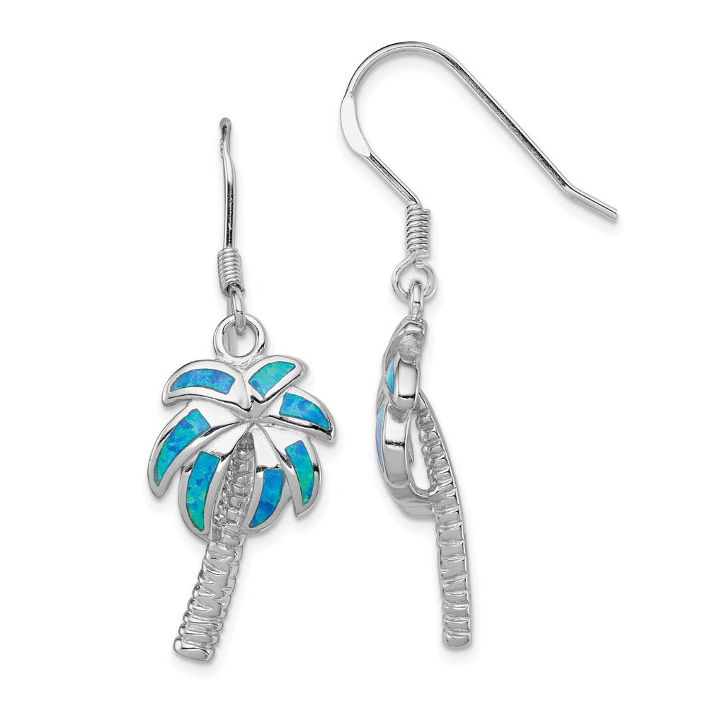 Created Blue Opal Inlay Palm Tree Dangle Earrings in Sterling Silver